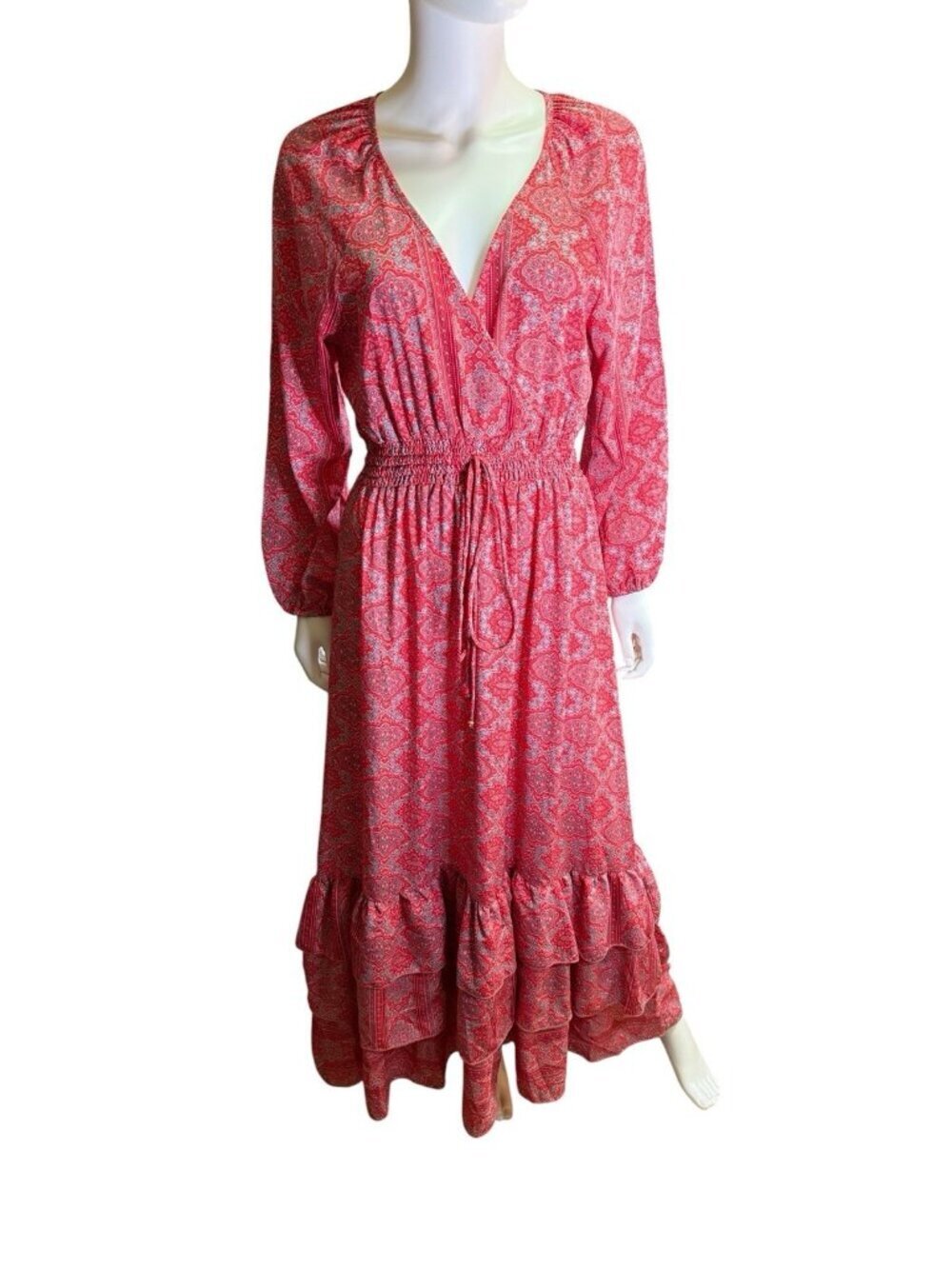 Boemo Maxi Dress Women  Red Paisley Tiered  Cottagecore Prairie Festival M EUC